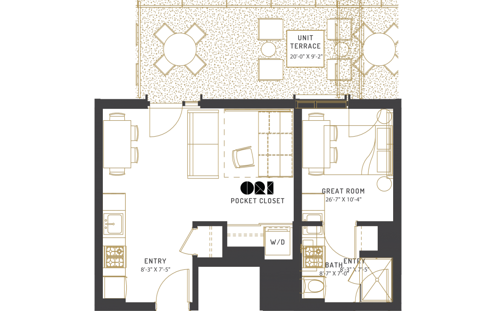 A1 - Studio floorplan layout with 1 bath and 505 square feet.