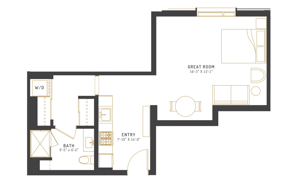 A3 - Studio floorplan layout with 1 bath and 539 square feet.