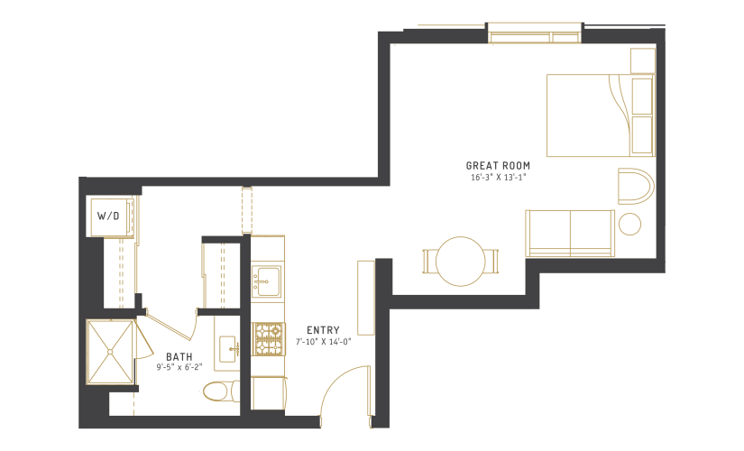 A3 - Studio floorplan layout with 1 bathroom and 539 square feet
