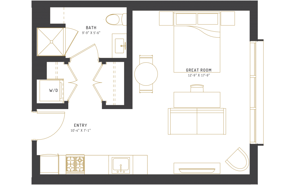 A5 - Studio floorplan layout with 1 bath and 465 square feet.