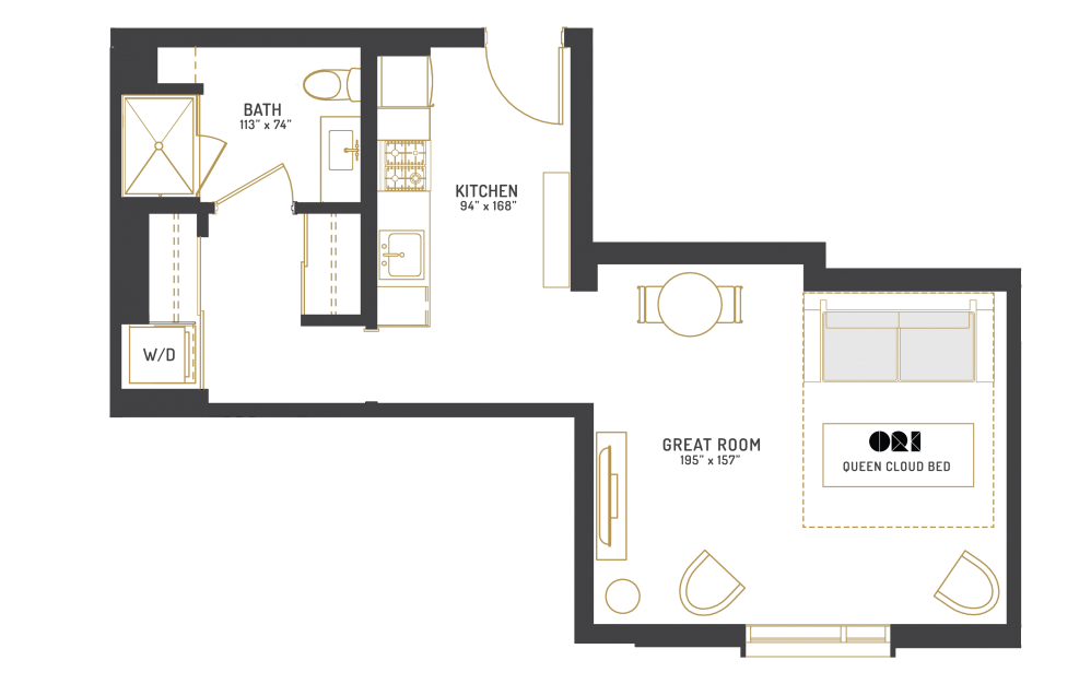 A6 - Studio floorplan layout with 1 bath and 539 square feet.