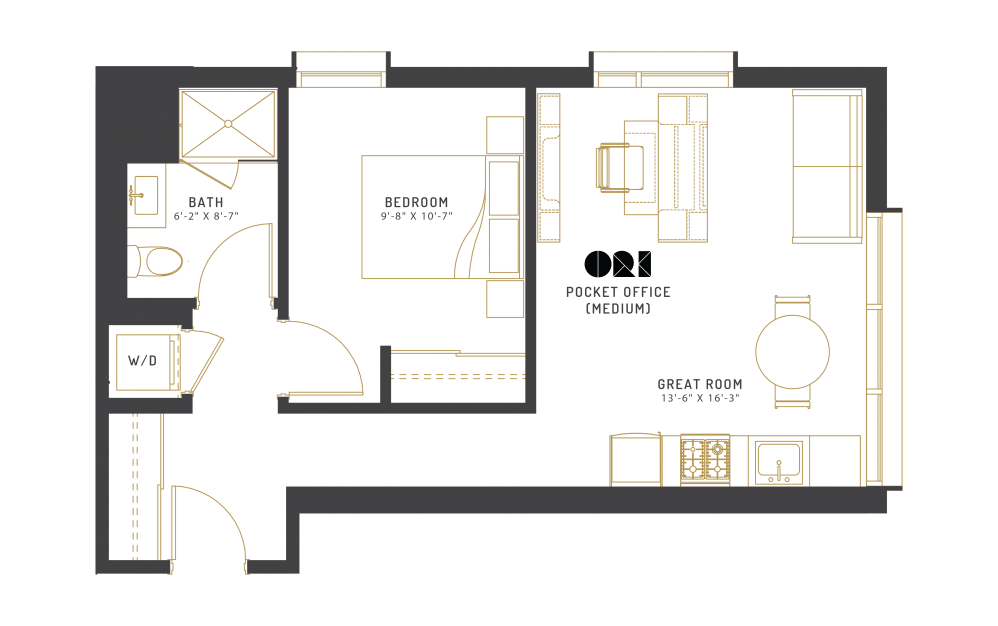 C8 - 1 bedroom floorplan layout with 1 bath and 581 square feet.