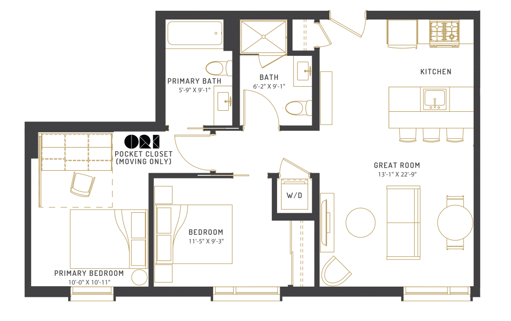 D1 - 2 bedroom floorplan layout with 2 baths and 827 square feet.