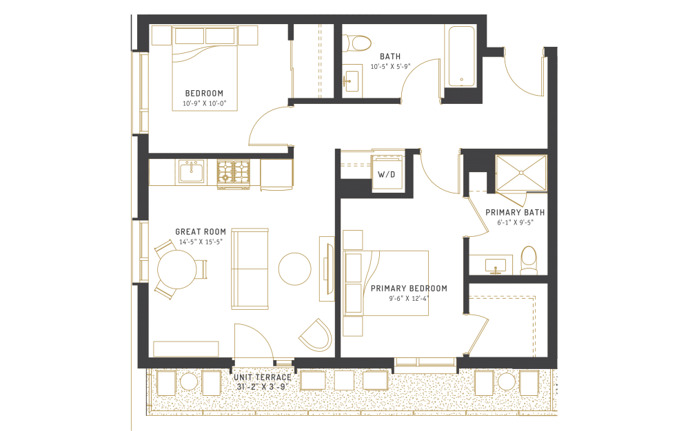 D5 - 2 bedroom floorplan layout with 2 baths and 851 square feet.