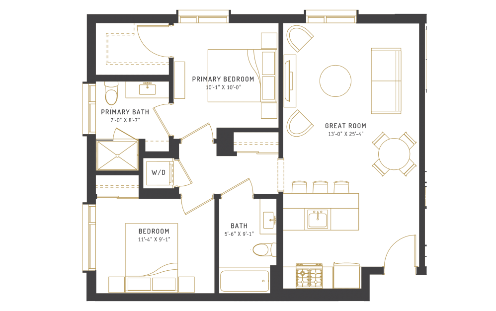 D6 - 2 bedroom floorplan layout with 2 baths and 851 square feet.