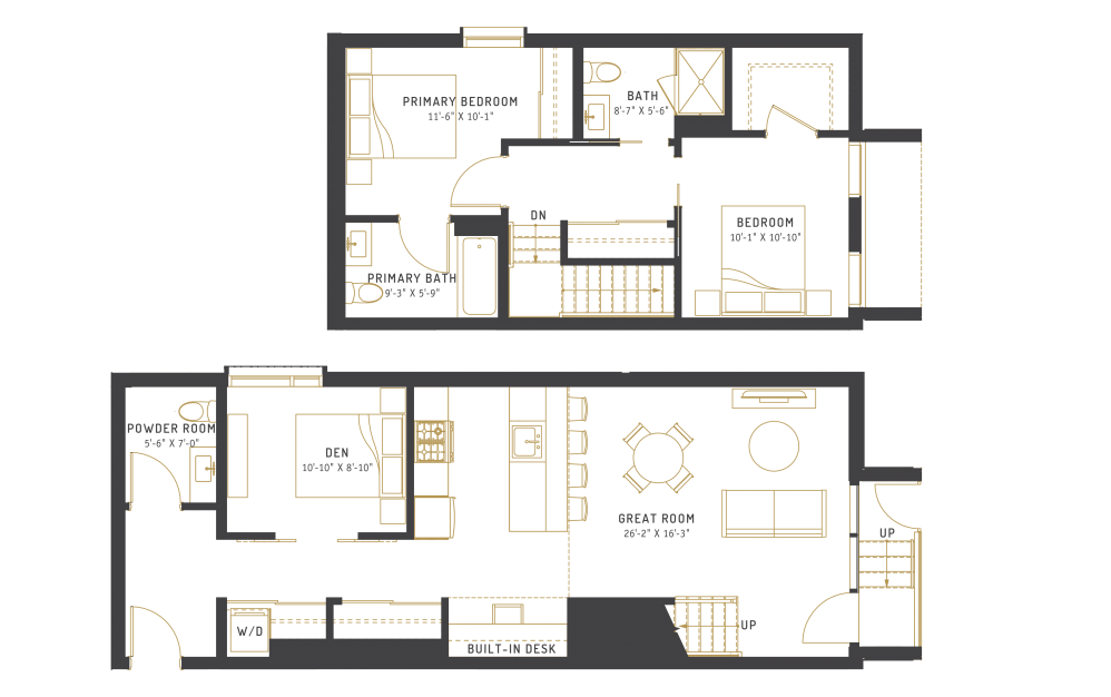 D9 - 2 bedroom floorplan layout with 2.5 baths and 1345 square feet.