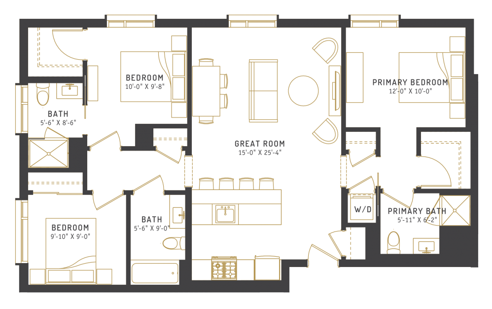 E2 - 3 bedroom floorplan layout with 3 baths and 1182 square feet.